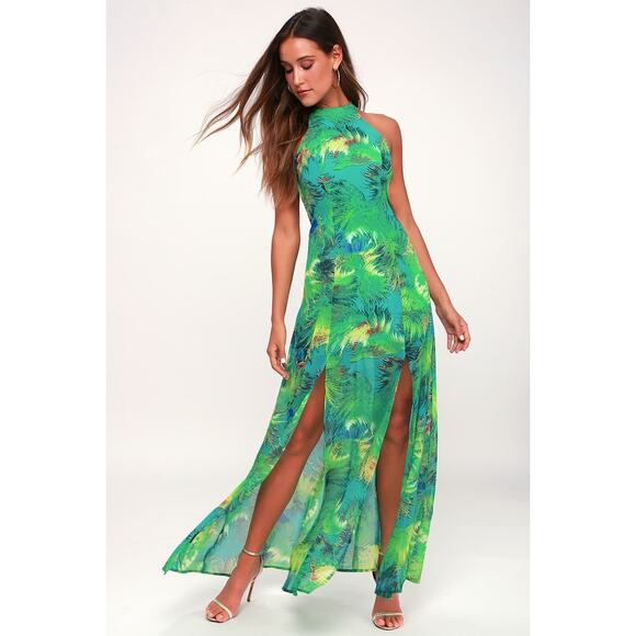 Lulu’s Dress Tropic of Discussion Green Tropical Print Maxi Open Back Size L - Picture 4 of 14